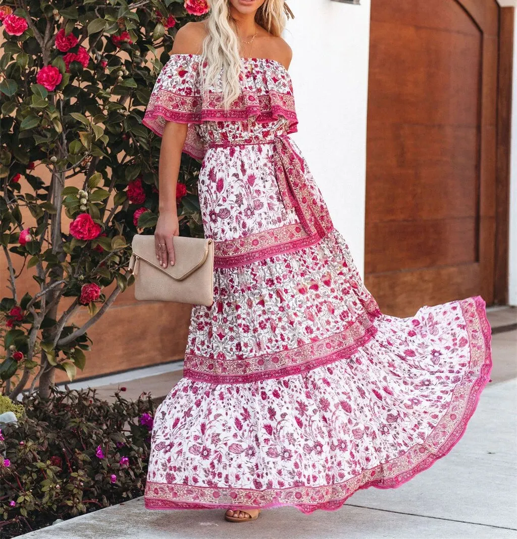 Maxct Printed Vintage Long Dresses For Women Sexy Off-Shoulder Ruffle Fashion Boho Party Maxi Dress Ladies Beach Sundress 9967