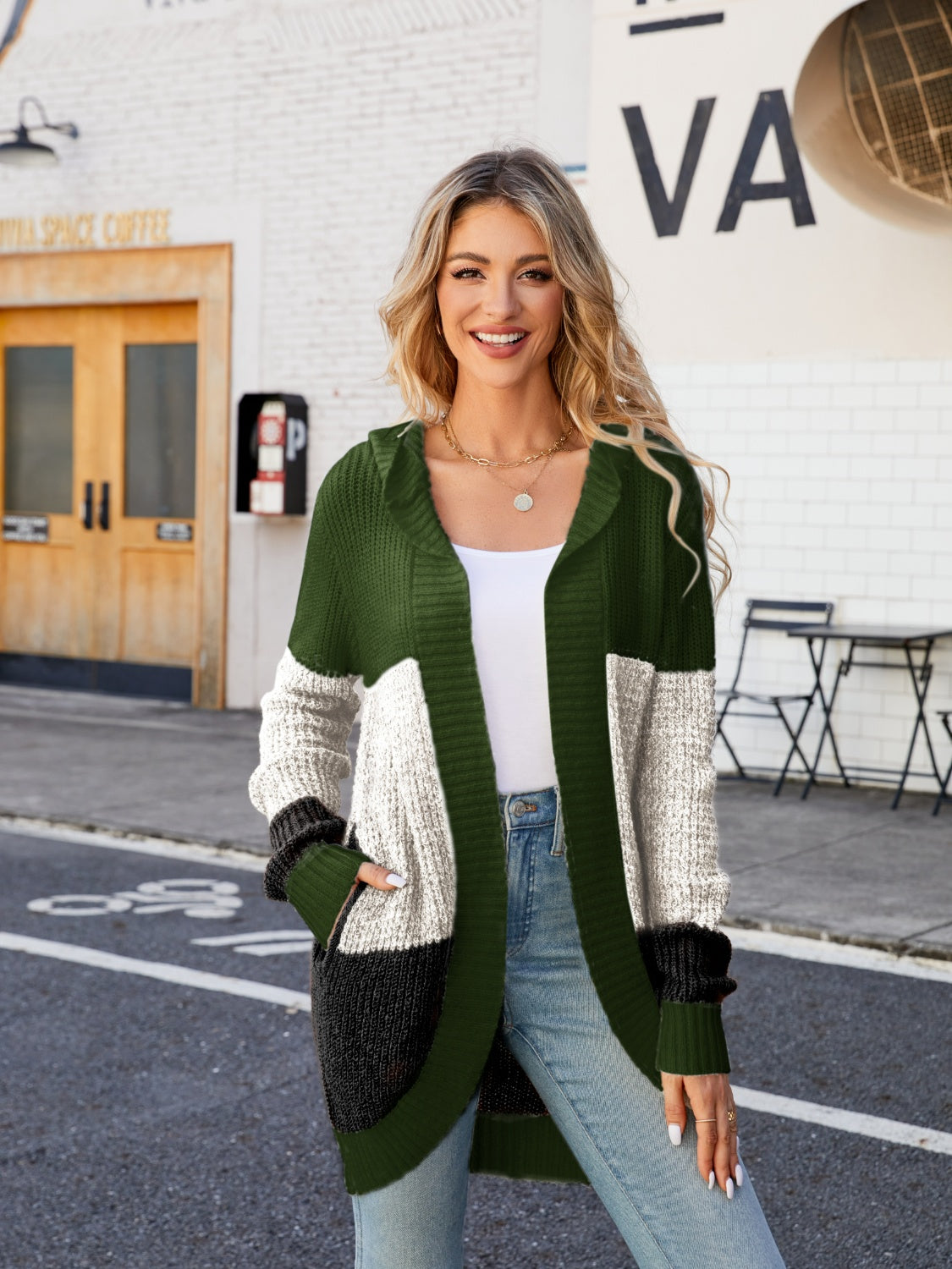 Maxct &Color Block Open Front Hooded Cardigan