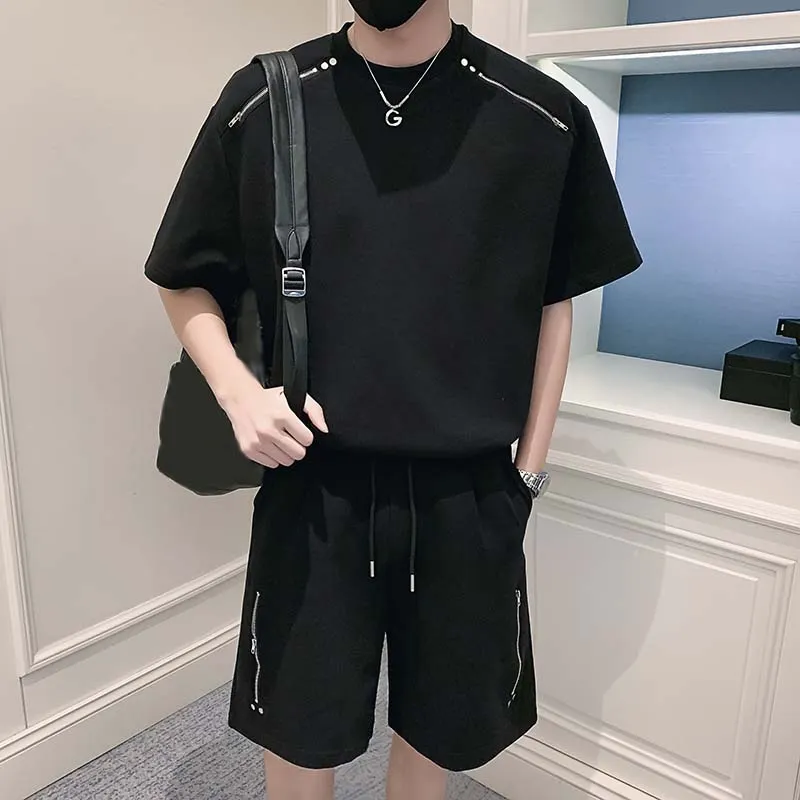 Maxct Zip Trim Short Sleeves Shorts Casual Two-Piece Suits