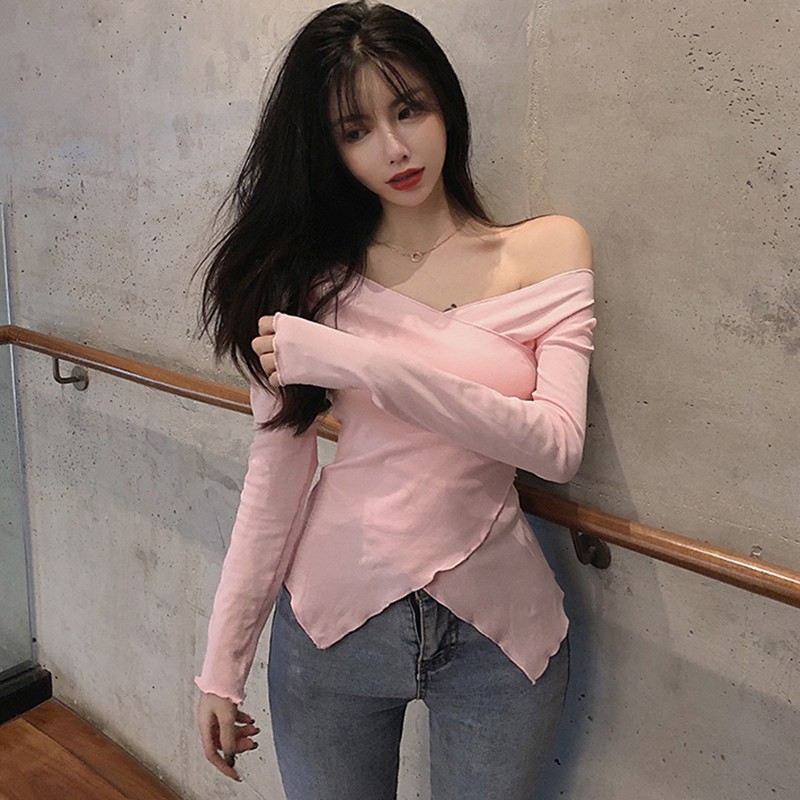 Maxct Women Sexy Slim V neck T-shirt Long Sleeve Solid Color Off Shoulder Korean Sweet Tee Tops Basic Tshirt