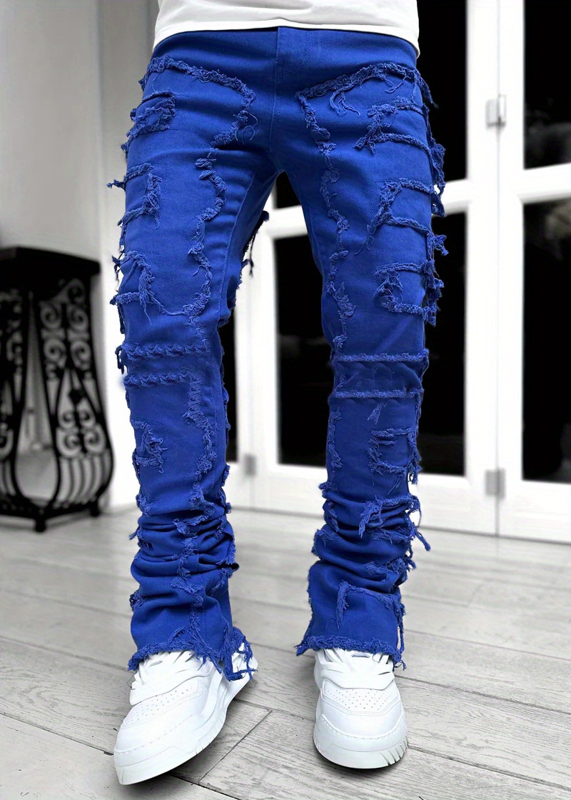 Creative Tassels Decoration Straight Fit Jeans, Men's Casual Medium Stretch Street Style Denim Pants For All Seasons