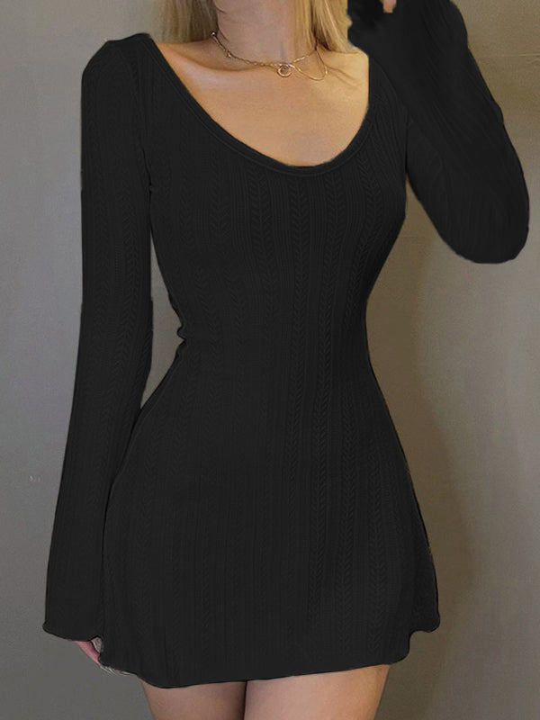Backless Knitted Long Sleeve Mini Dress Maxct