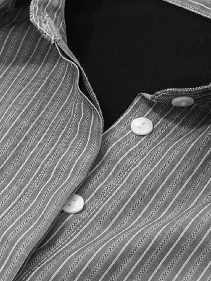 Maxct Stripe Splice Polo Neck Long Sleeve Blouse