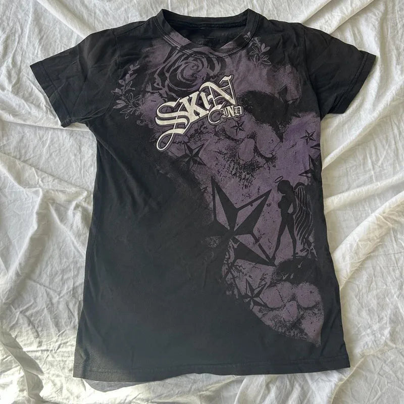 Maxct Cyber Grunge E-girl Gothic Crop Tops Women's T-shirt 00s Retro Graphic Print Short Sleeve Tees Harajuku Japanese Y2K Clothes