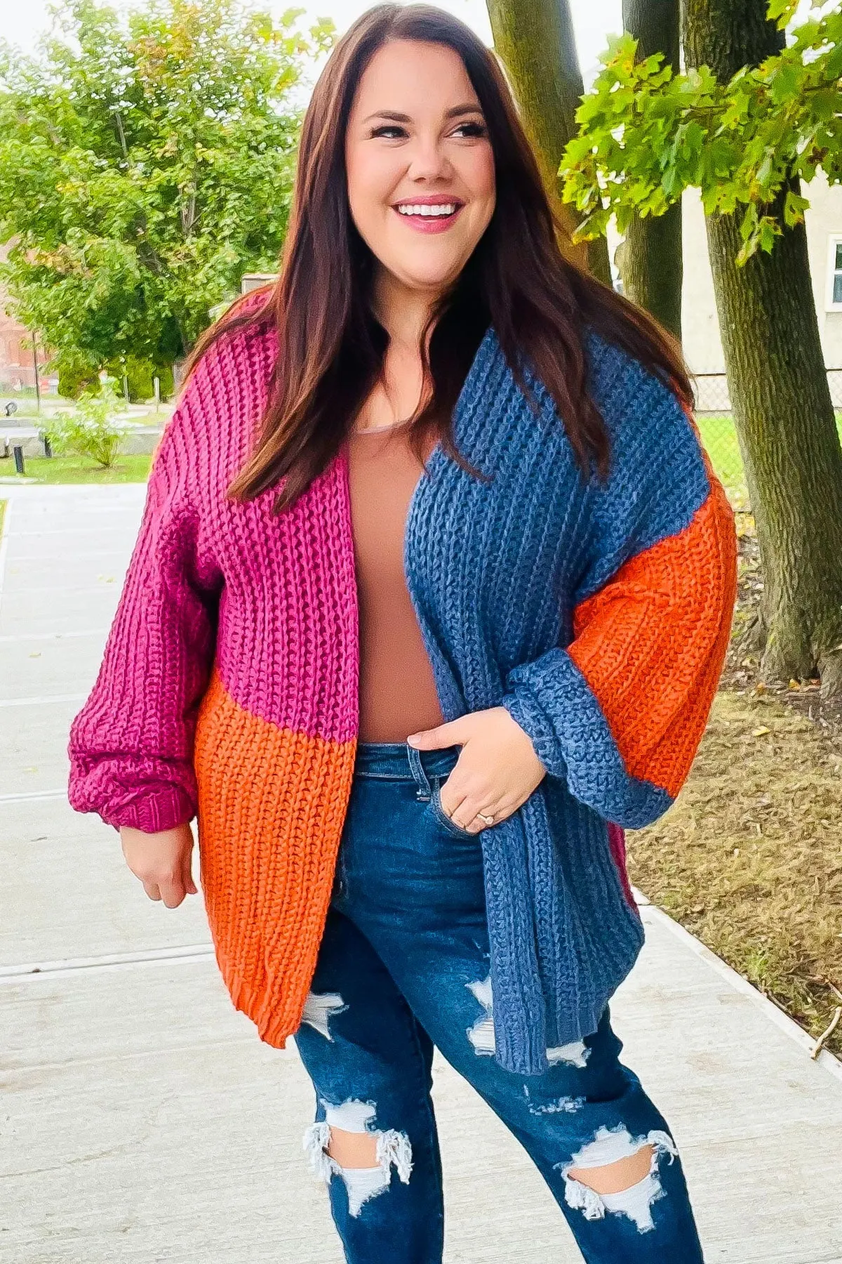 Maxct &Dazzle In Magenta & Navy Chunky Knit Color Block Cardigan