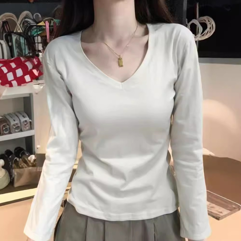 Maxct Shoulder T-Shirt Women's Spring and Autumn Outer Wearing Tight Waist Slim-Fit Pure Cotton Winter Inner Base Shirt New Long Sleeve Top