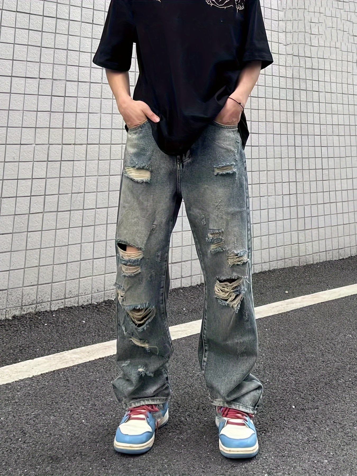 Baggy Ripped Cotton Jeans, Men's Casual Street Style Distressed Denim Pants For Spring Summer
