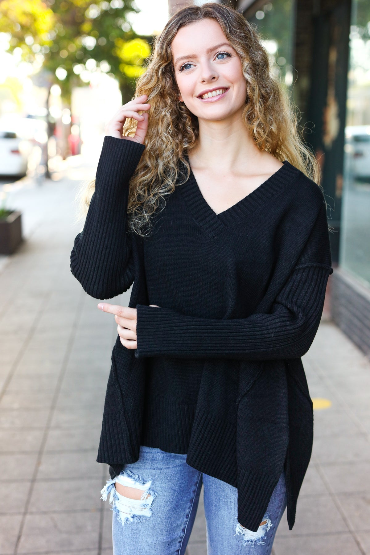 Maxct &Casual Chic Black Oversized V Neck Rib Knit Sweater