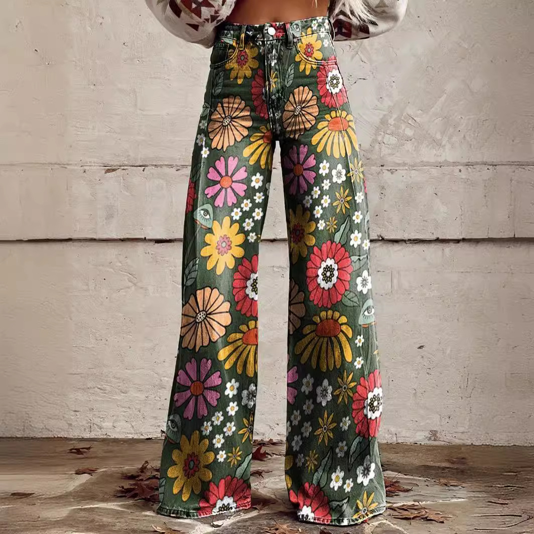 Maxct fall fits plus Size Women's Casual Pants Thin Imitation Jeans Wide Leg 3D Trendy Women's Pants