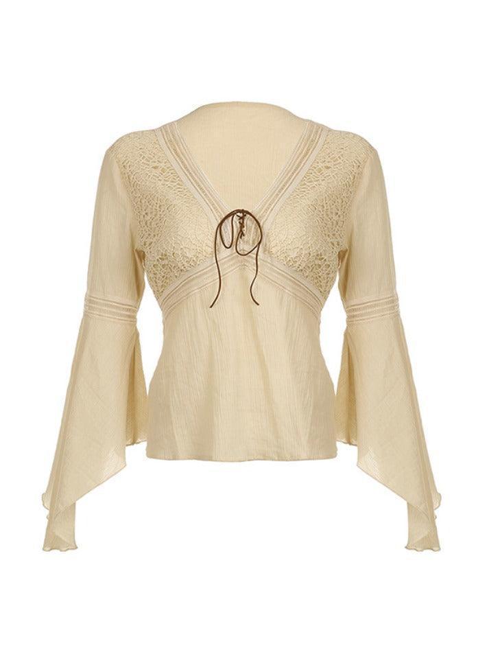 Maxct-Tribal Cutout V Neck Lacing Flared Long Sleeve Blouse
