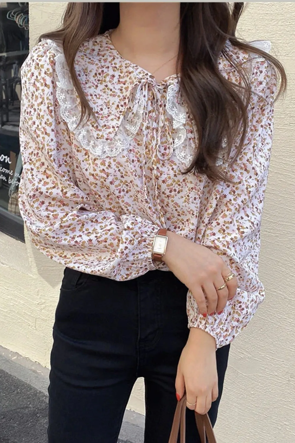 Floral Pattern Peter Pan Collar Long Sleeve Blouse Shirt Maxct