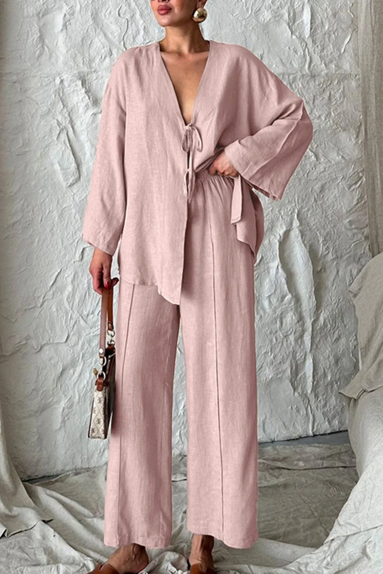 Maxct Tie-front Long Sleeve Shirt Cotton Suits