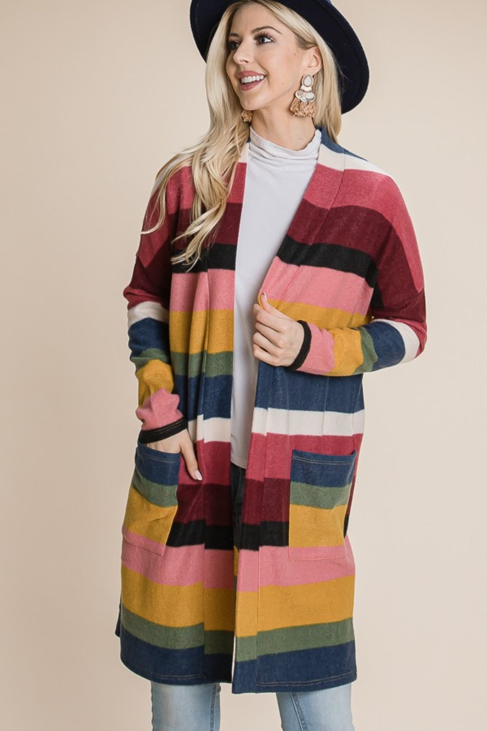 Maxct &BOMBOM Color Block Striped Open Front Cardigan