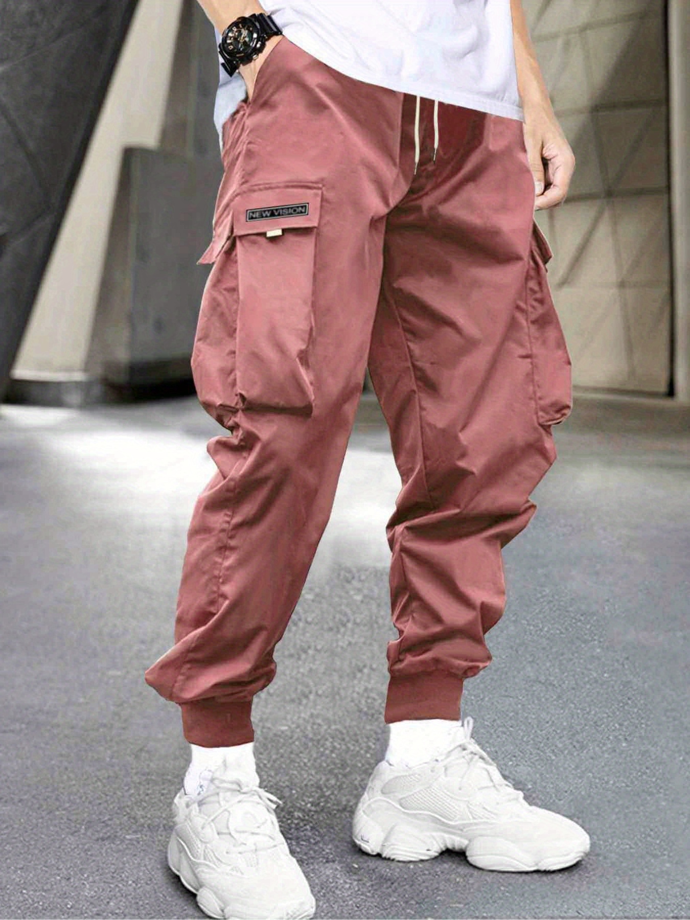 Men's Stylish Letter Graphic Cargo Pants with Flap Pockets - Drawstring Waist for Comfort