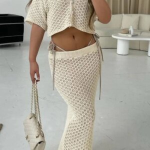 Maxct Hollow Out Crochet Blouses Midi Skirt Suits