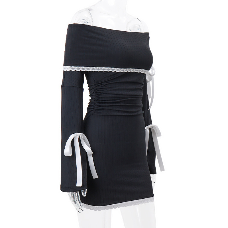 Strapless Sexy Black Dress Women Autumn Off Shoulder Long Sleeves Lace Knitting Bandage Mini Dresses Slim Elegant Club Partywear