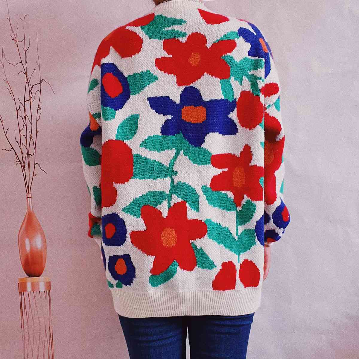 Maxct &Floral Print Round Neck Drop Shoulder Sweater