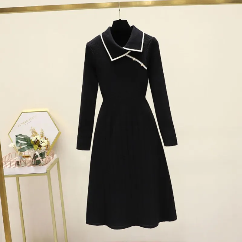 Maxct Winter New Knitted Bottoming Dress for Women High-end Temperament Lapel Long Sleeve Button Deco A-line Sweater Long Dress
