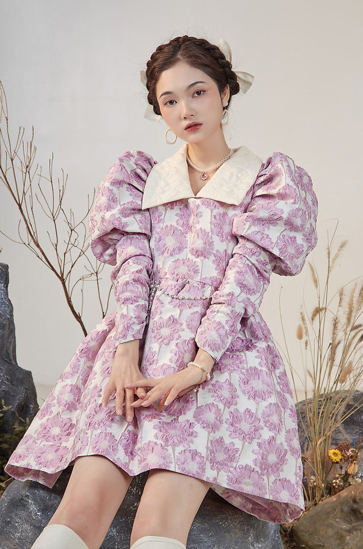 Puff Sleeve Daisy Jacquard Dress Maxct