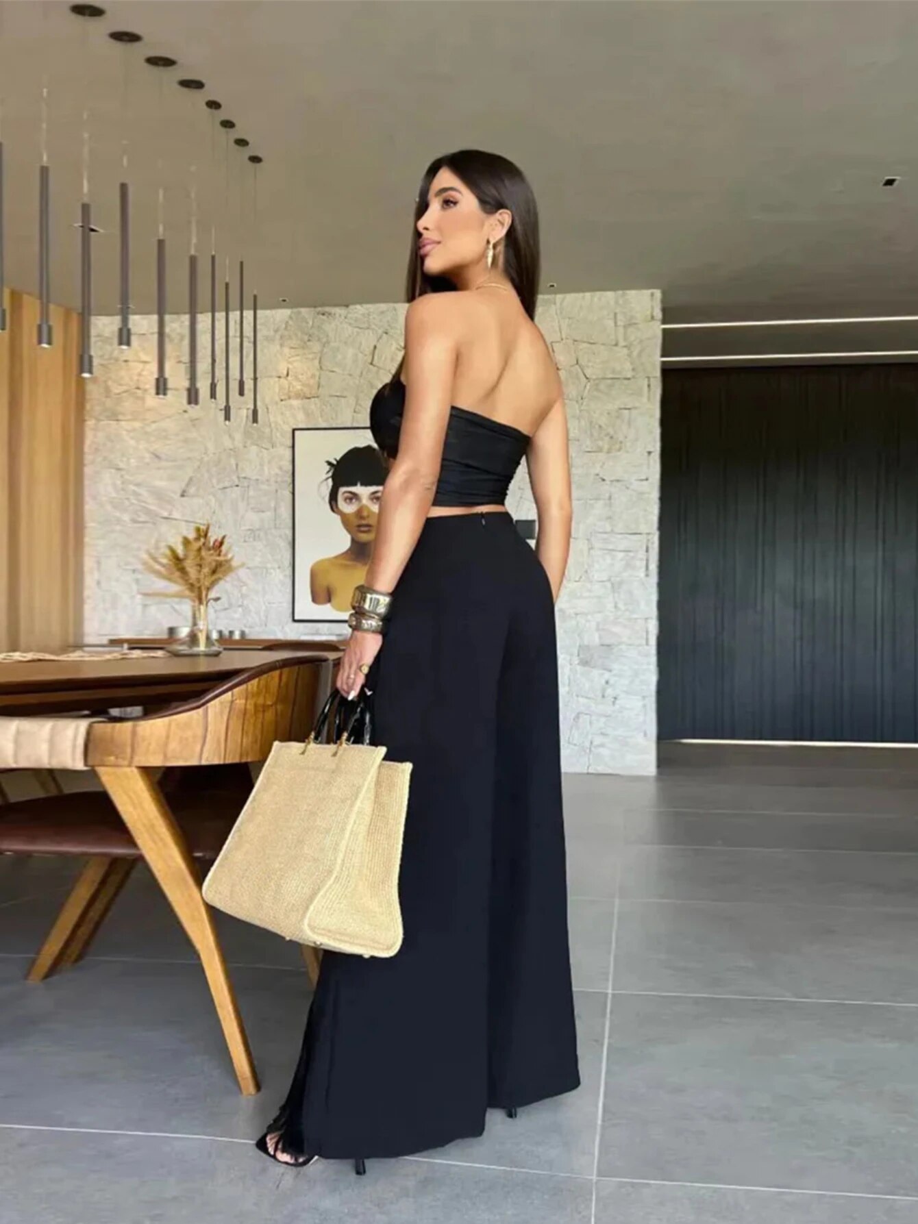 Maxct Black Sexy Women Two Piece Pant Set Tie Flowers Strapless Top Tassel High Split Pants Suit Beach Vacation Female Clothing