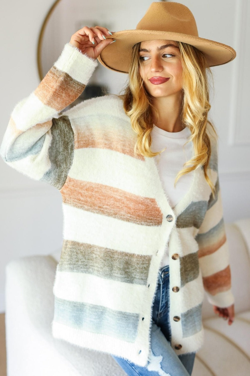 Maxct &Haptics Full Size Button Down Stripe Soft Fuzzy Sweater Cardigan