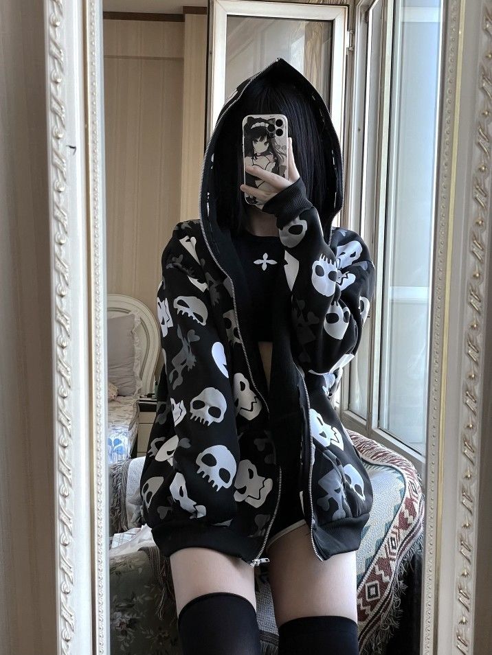 Women's Zip up Skull Printed Hoodies - true deals club
