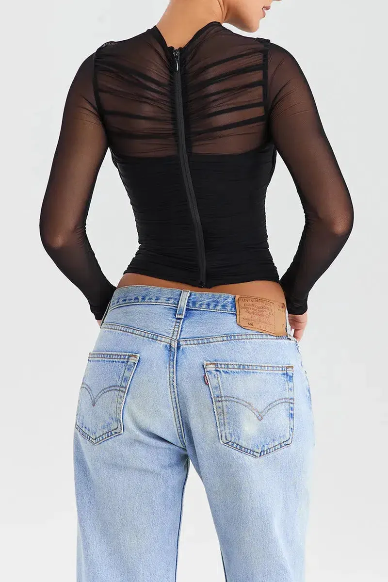 Maxct &Ruched Sheer Zip-Up Mesh Top