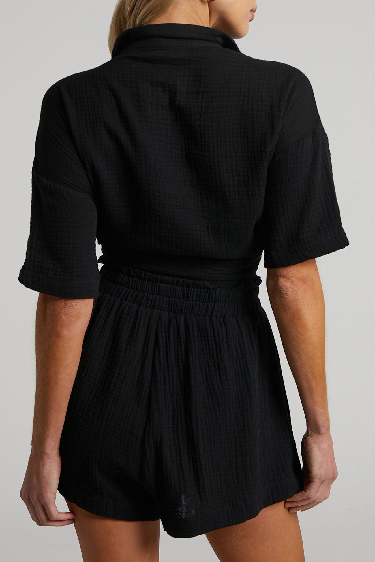 Maxct Solid Color Short Sleeve Shirt Cotton Two-piece Shorts Set
