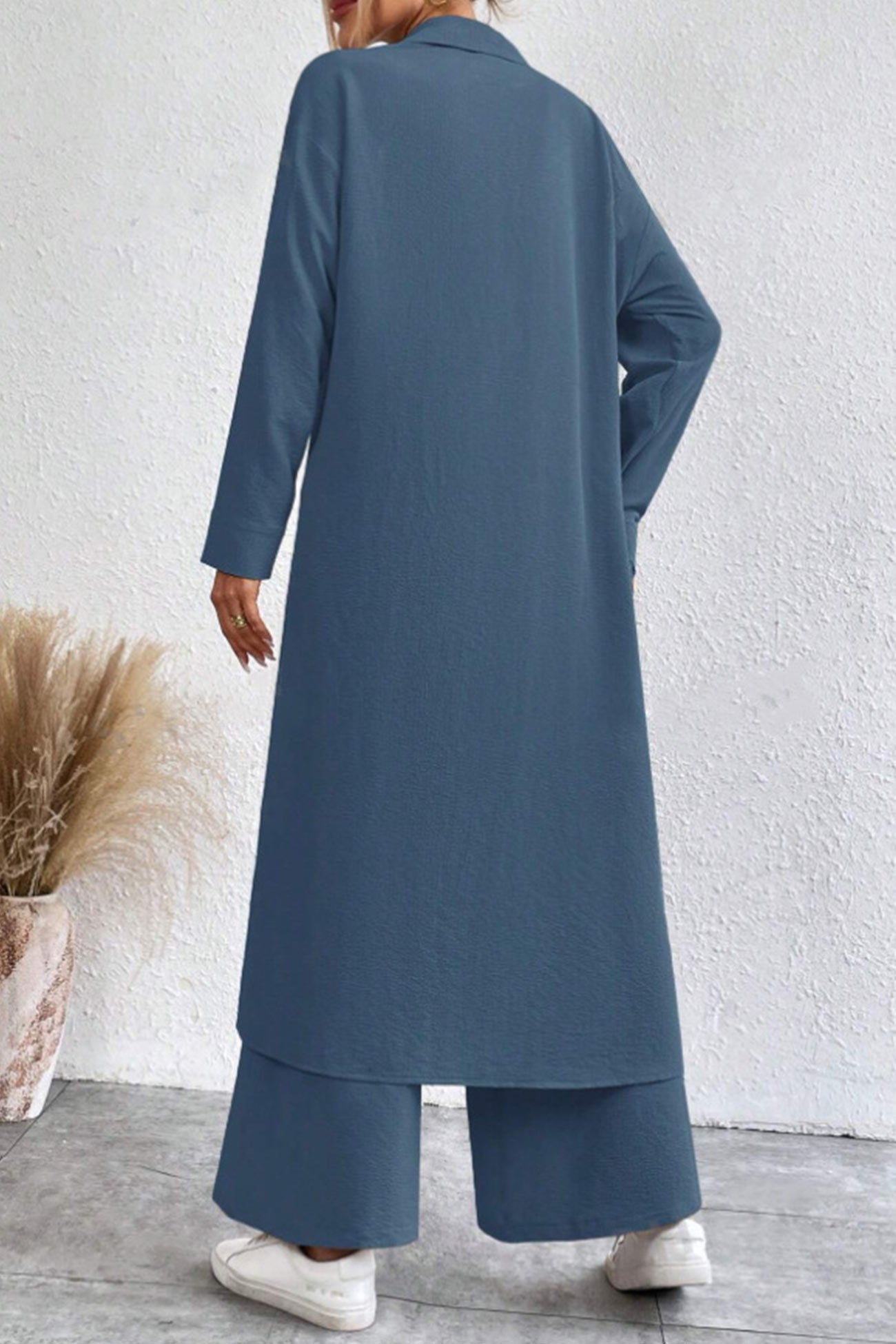 Maxct Solid Long Shirt Wide Leg Pants Set