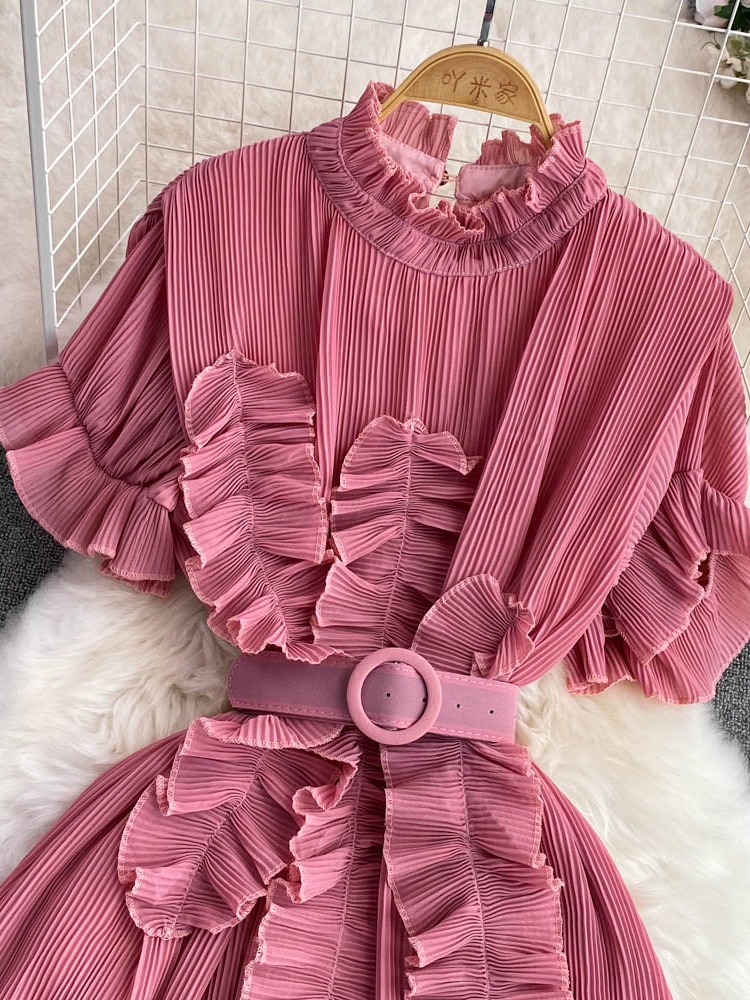 Women's Pleated Midi Dress Purple/Red/White Stand Collar Short Flare Sleeve High Waist A-Line Ruffle Party Vestidos Female