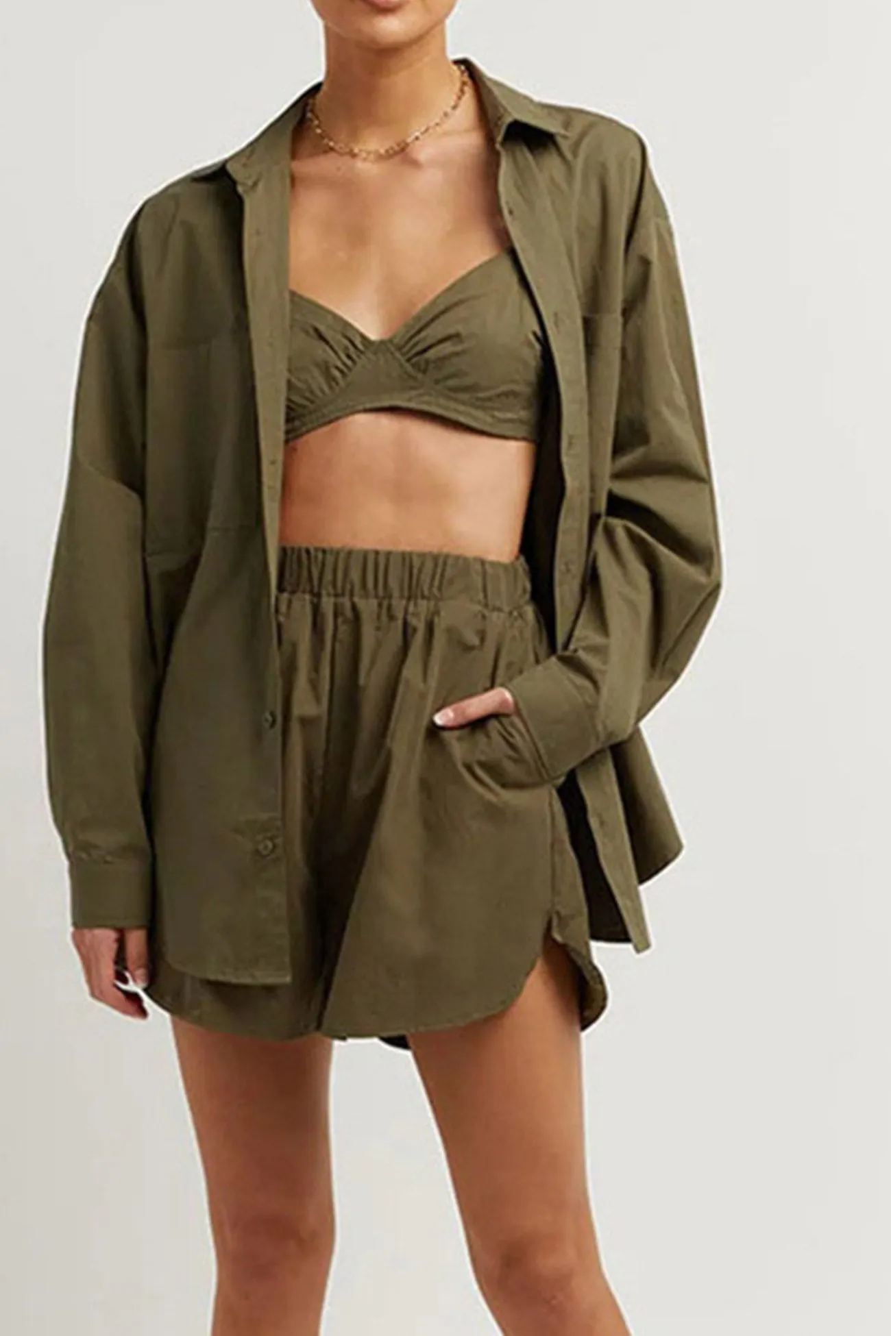 Maxct-Long Sleeve Shirt Vest Three-piece Shorts Set