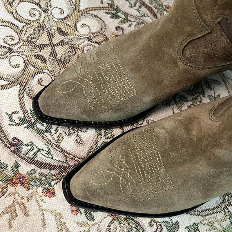 Womens Western Contrast-stitching Cowboy Boots - Suede Khaki/Black Cowgirl Boots Maxct