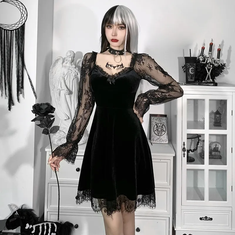 Maxct cybergoth dress to impress Hy21249 Dark Style Autumn New Hip Hop Lace Fashion Chest Speaker Long Sleeve Dress