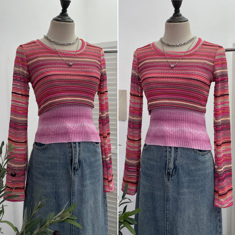 Maxct outfit inspo fall American Hot Girl Contrast Color Striped Stitching Short Navel Blouse + Slim Camisole Two-Piece Set 8869