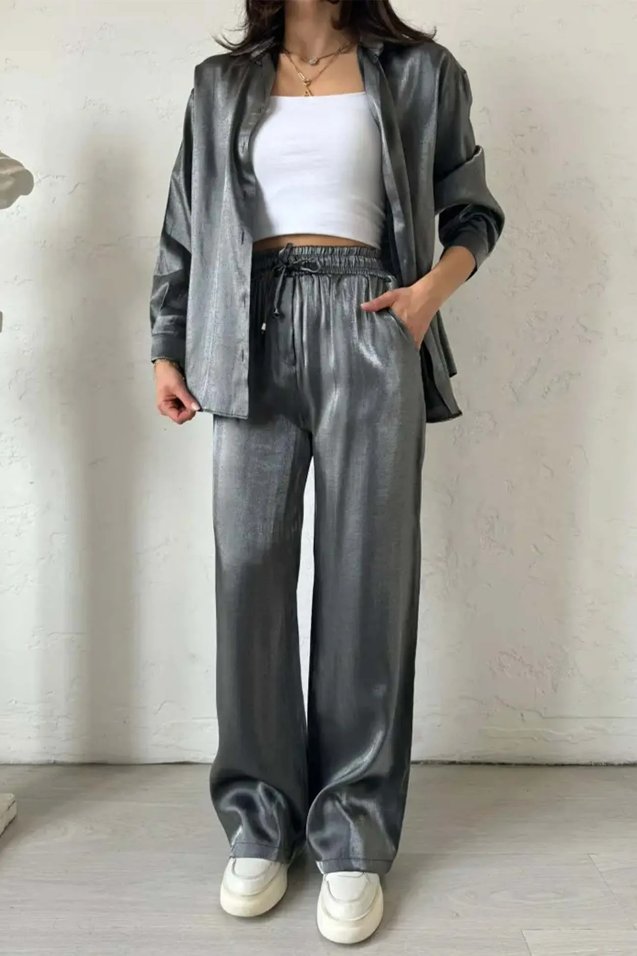 Maxct Metallic Shiny Button Down Shirt Long Pant Set