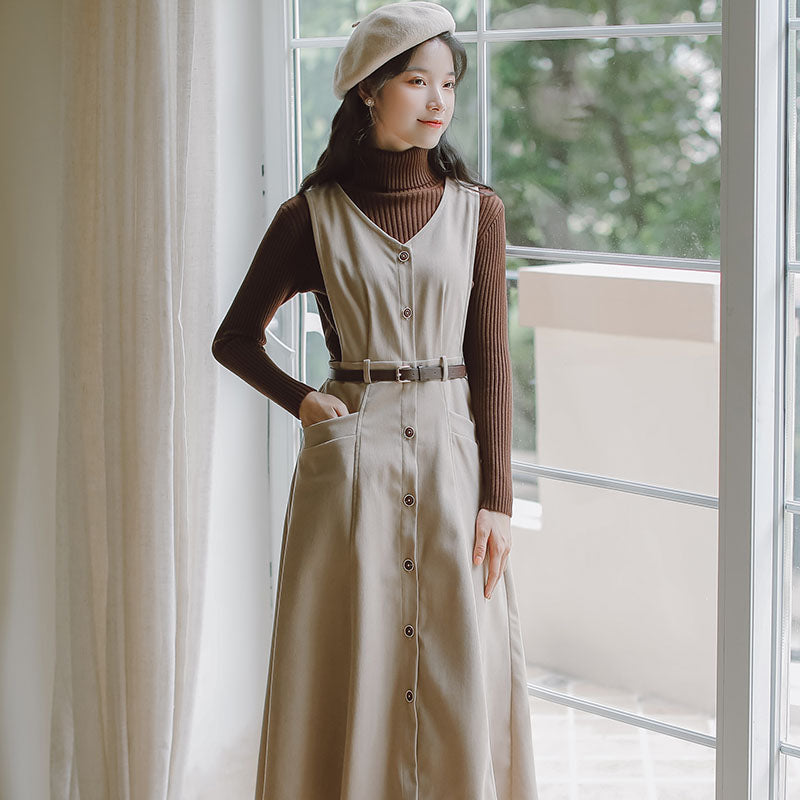 Button Up Suede Pinafore Dress Maxct