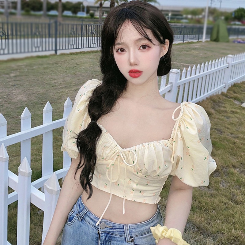 Maxct Sweet Floral Shirt Women French Vintage Square Collar Puff Sleeve Folds Elastic Slim-Fit Crop Top Chic