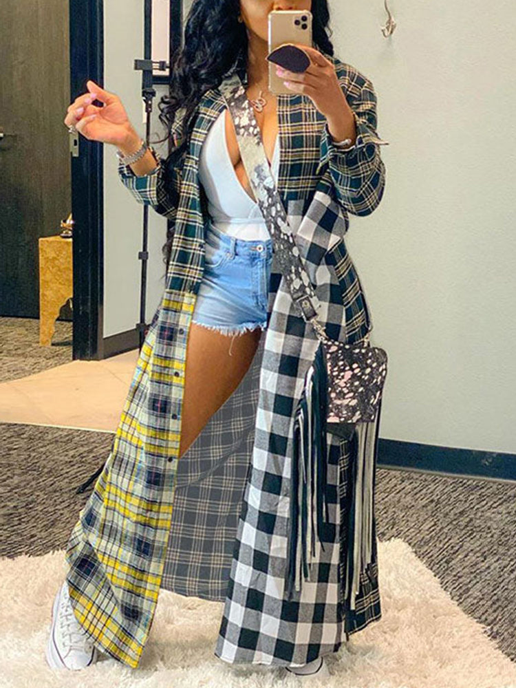 Plaid Turndown Collar Dresses Coat Maxct