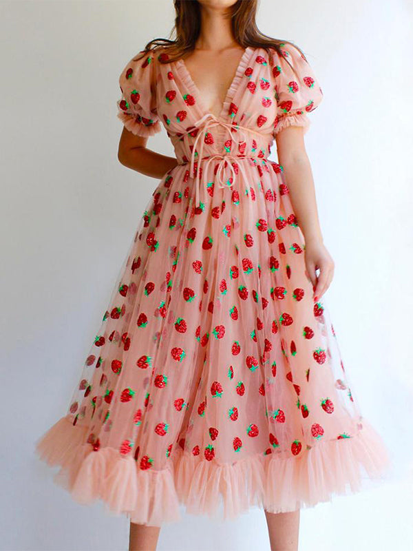 Sequined Strawberry Mesh Pleated Maxi Dress Maxct