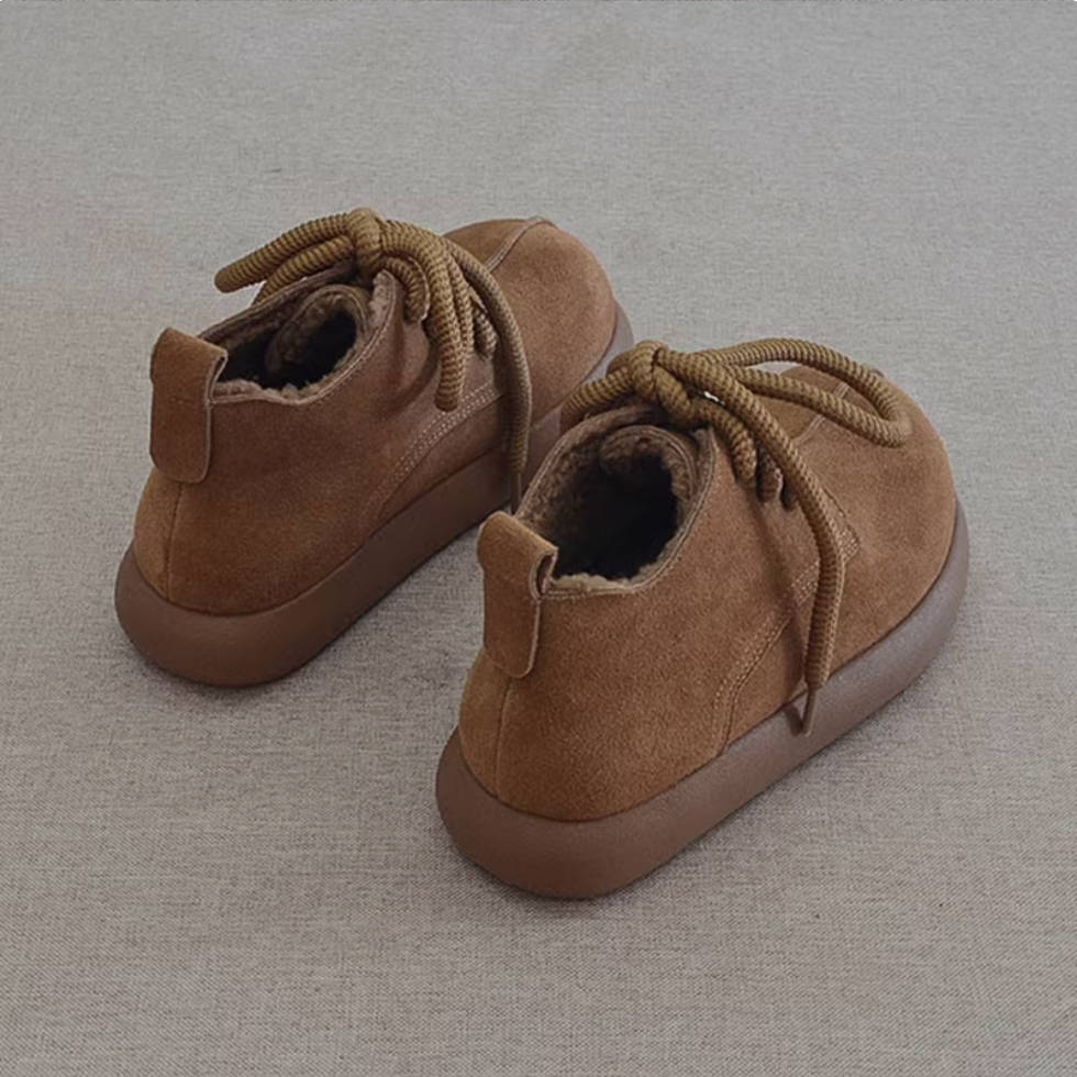 Winter Warm Leather Sueded Wide Toe Plush Lace-Up Boots