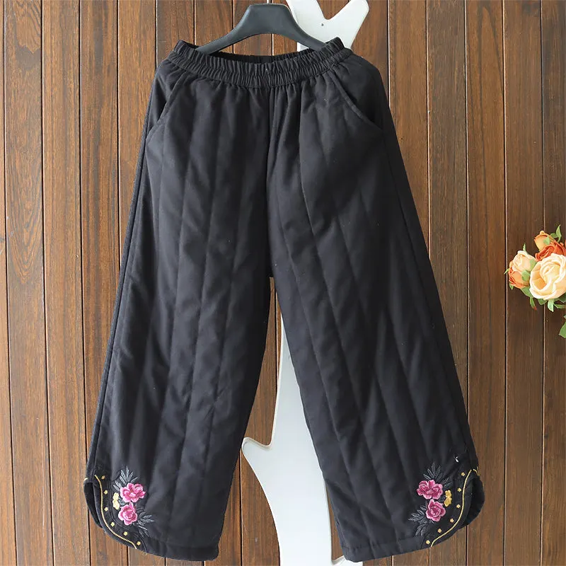 Women Winter Quilted Embroidered Warm Cotton Linen Straight-Leg Pants