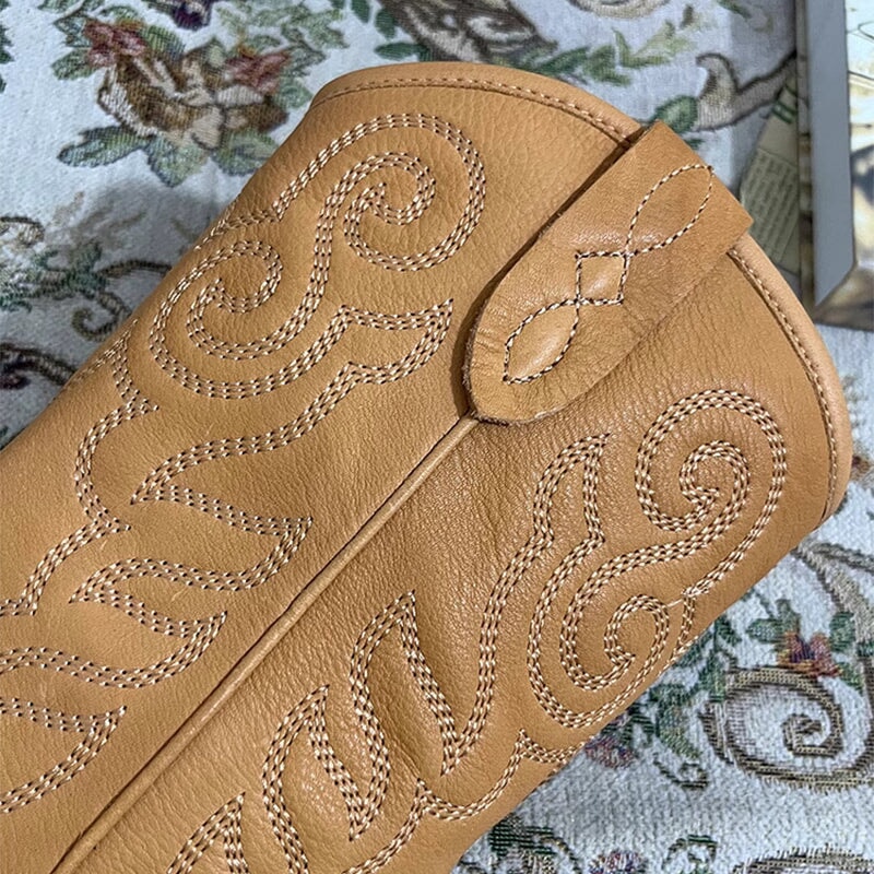 Womens Embroidered Western Boots Block Heel Short Boots All Genuine Leather Maxct