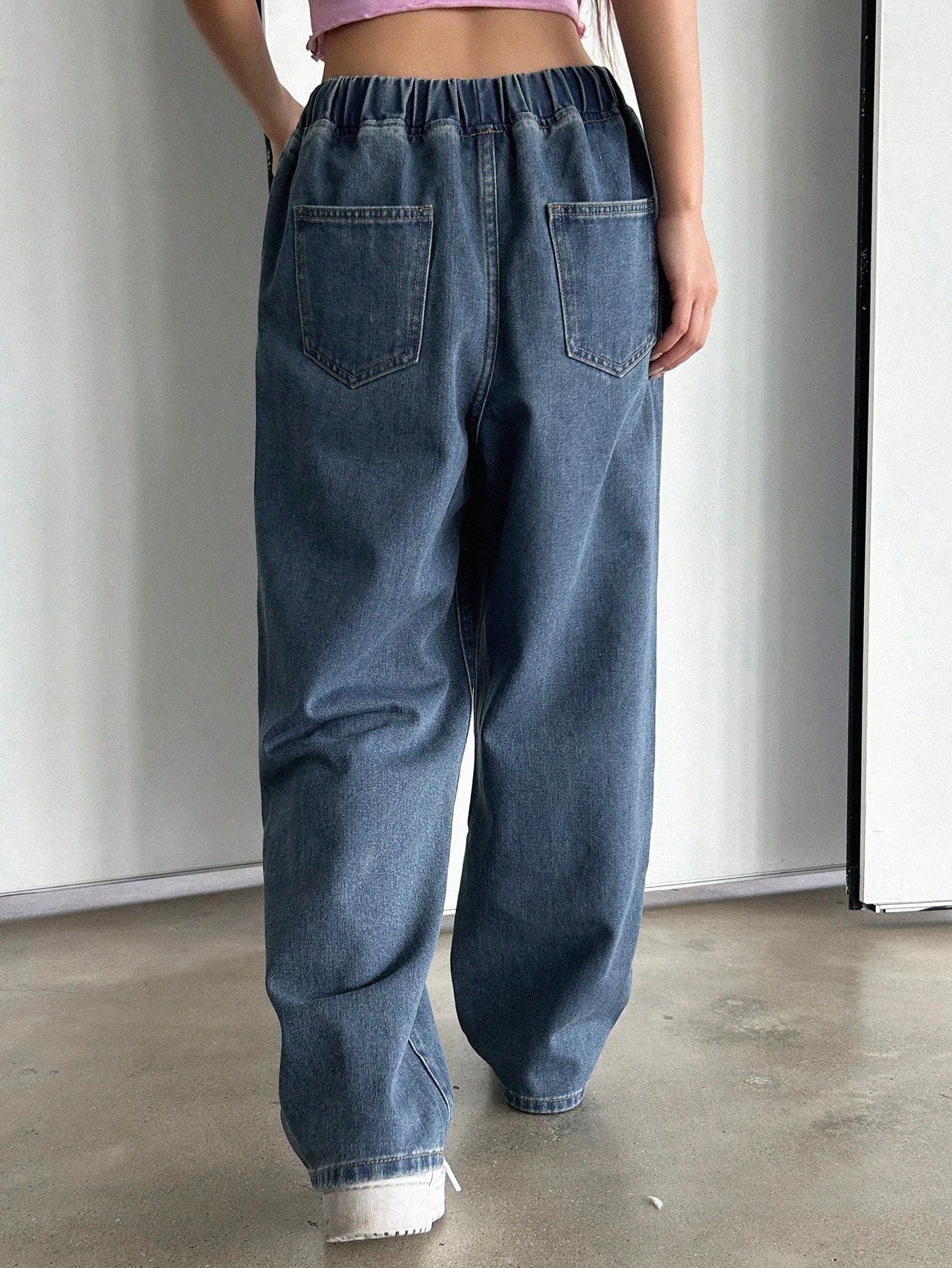 Maxct Women's Elastic Waist Wide Leg Loose Fit Casual Denim Pants With Pockets