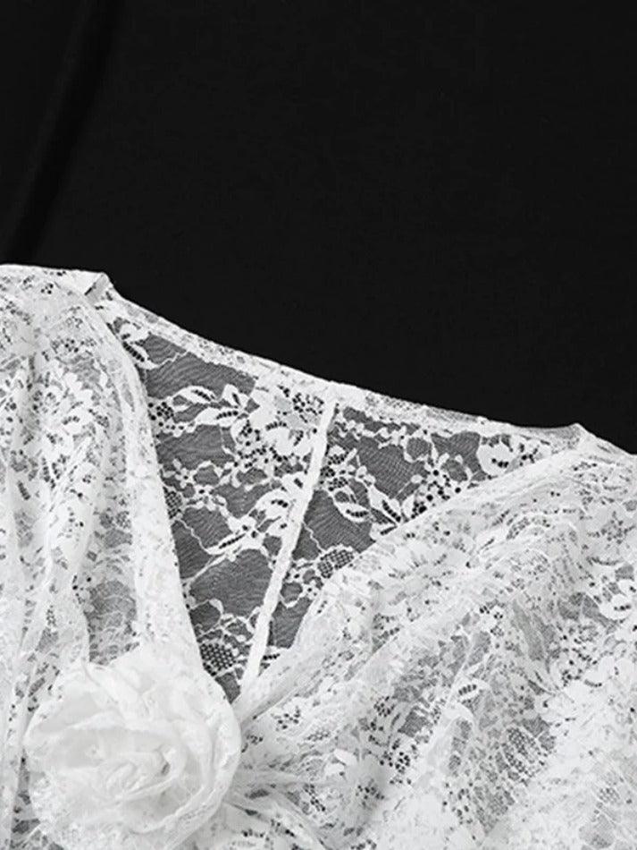 Maxct V Neck Lace Slit Long Sleeve Blouse
