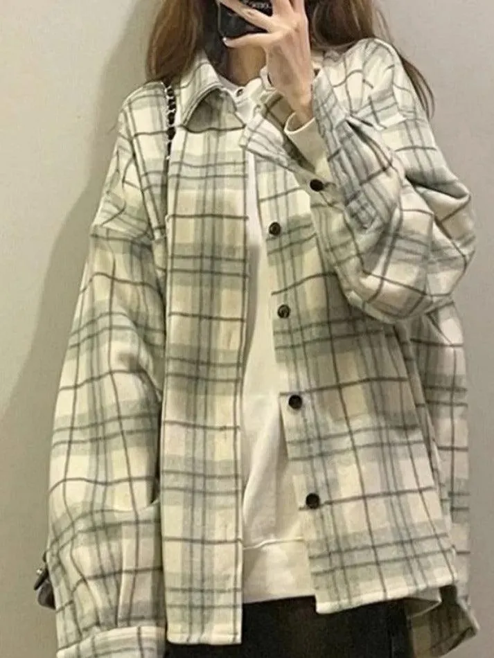 Maxct Vintage Plaid Print Brushed Long Sleeve Blouse