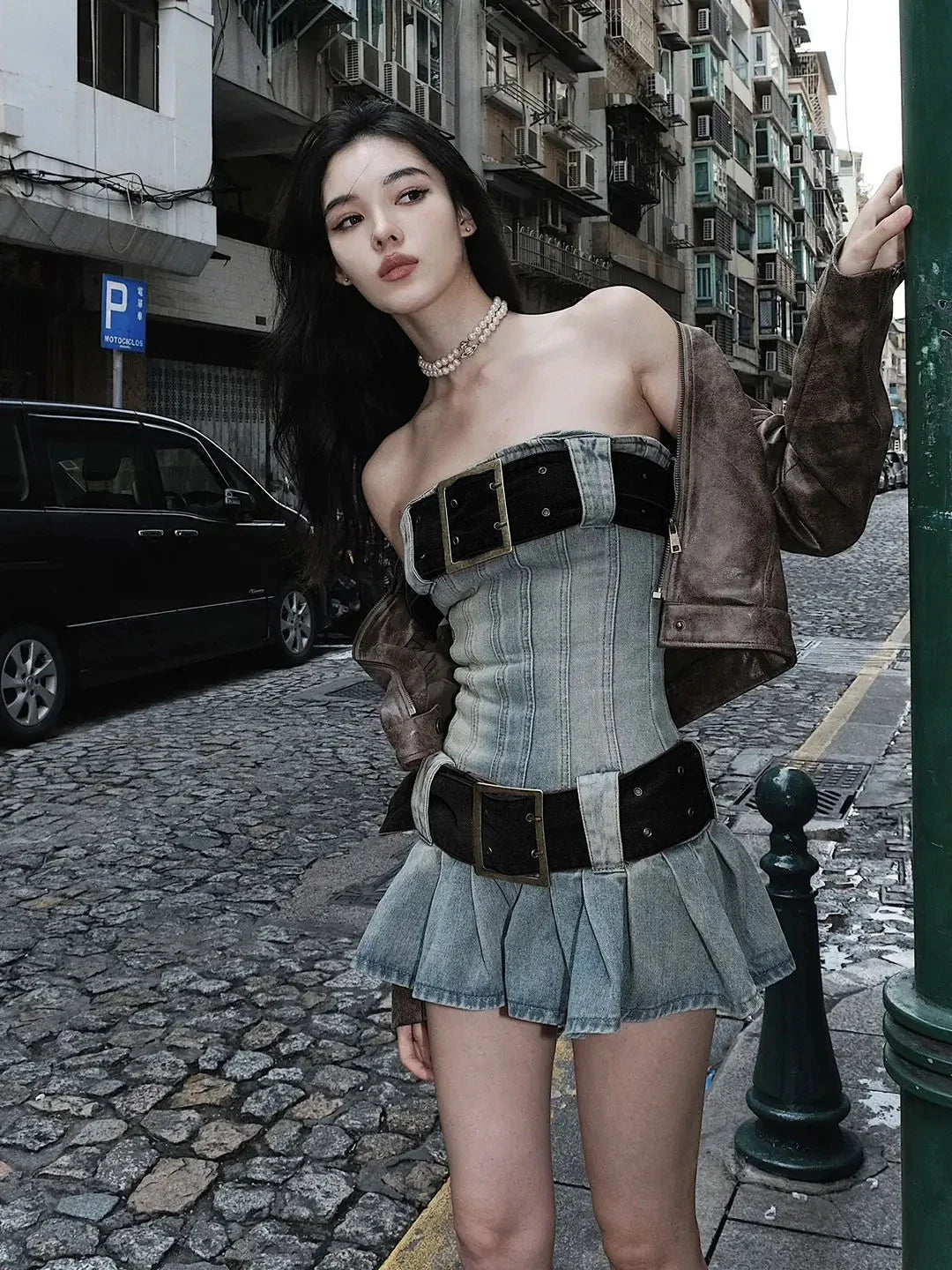 Vintage Y2k Strapless Denim Dress Bodycon Korean Kpop Belt Pleated Mini Dress 2000s Streetwear Maxct