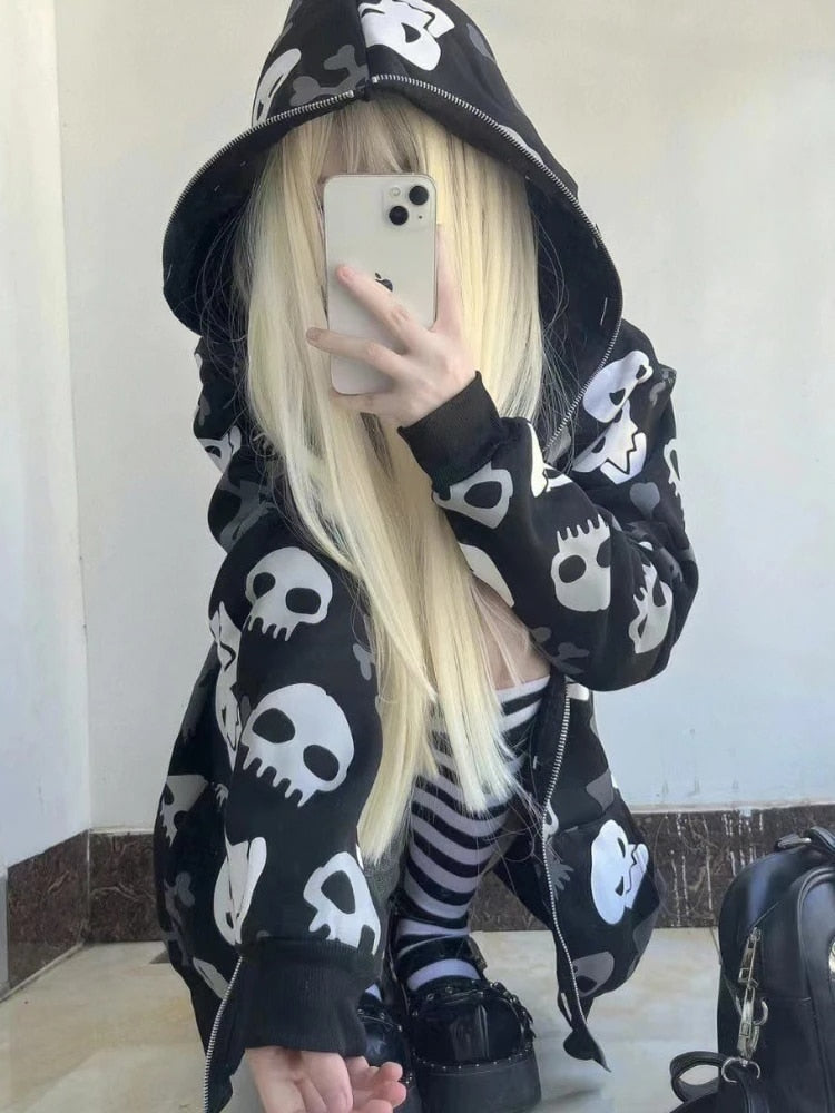 Skull Zip up Hoodie for Women Maxct