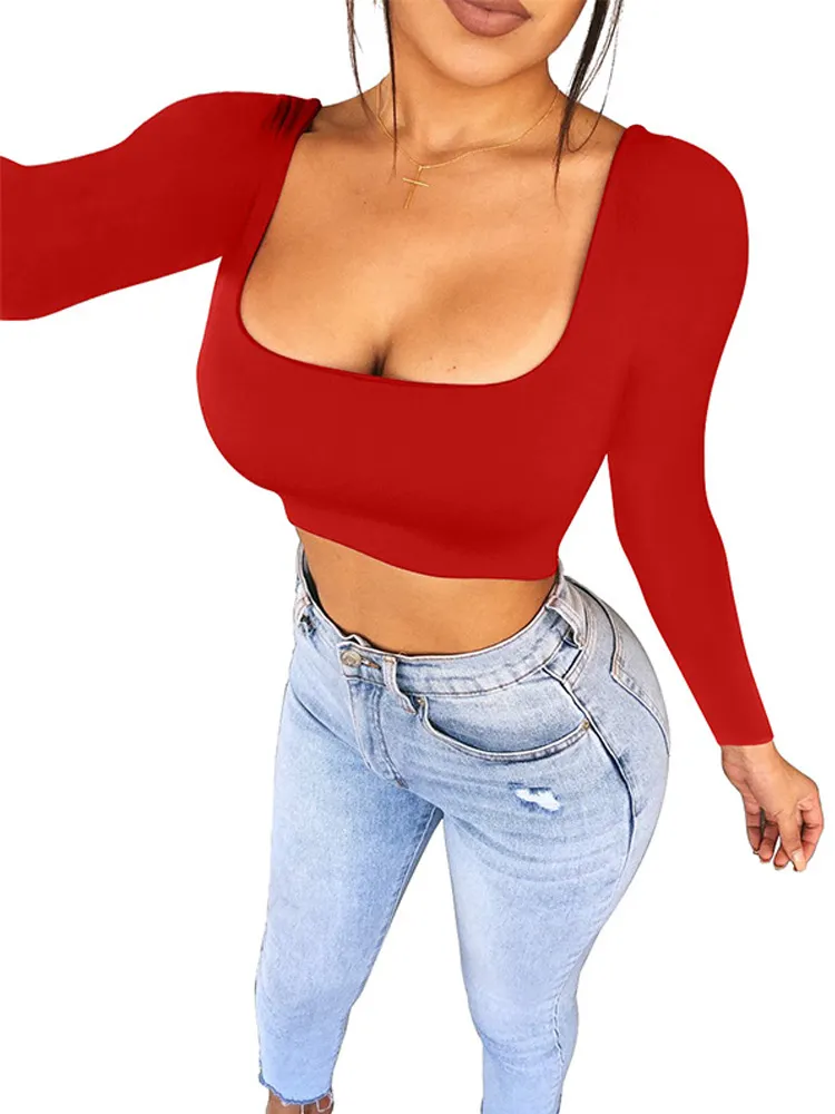 Maxct Spring Crop Top Long Sleeve Women Black Sexy Shirt White Square Neck Casual Tee Top Mujer Ladies