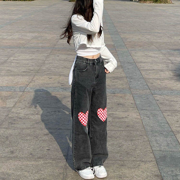 Checker Heart Wide Jeans Maxct