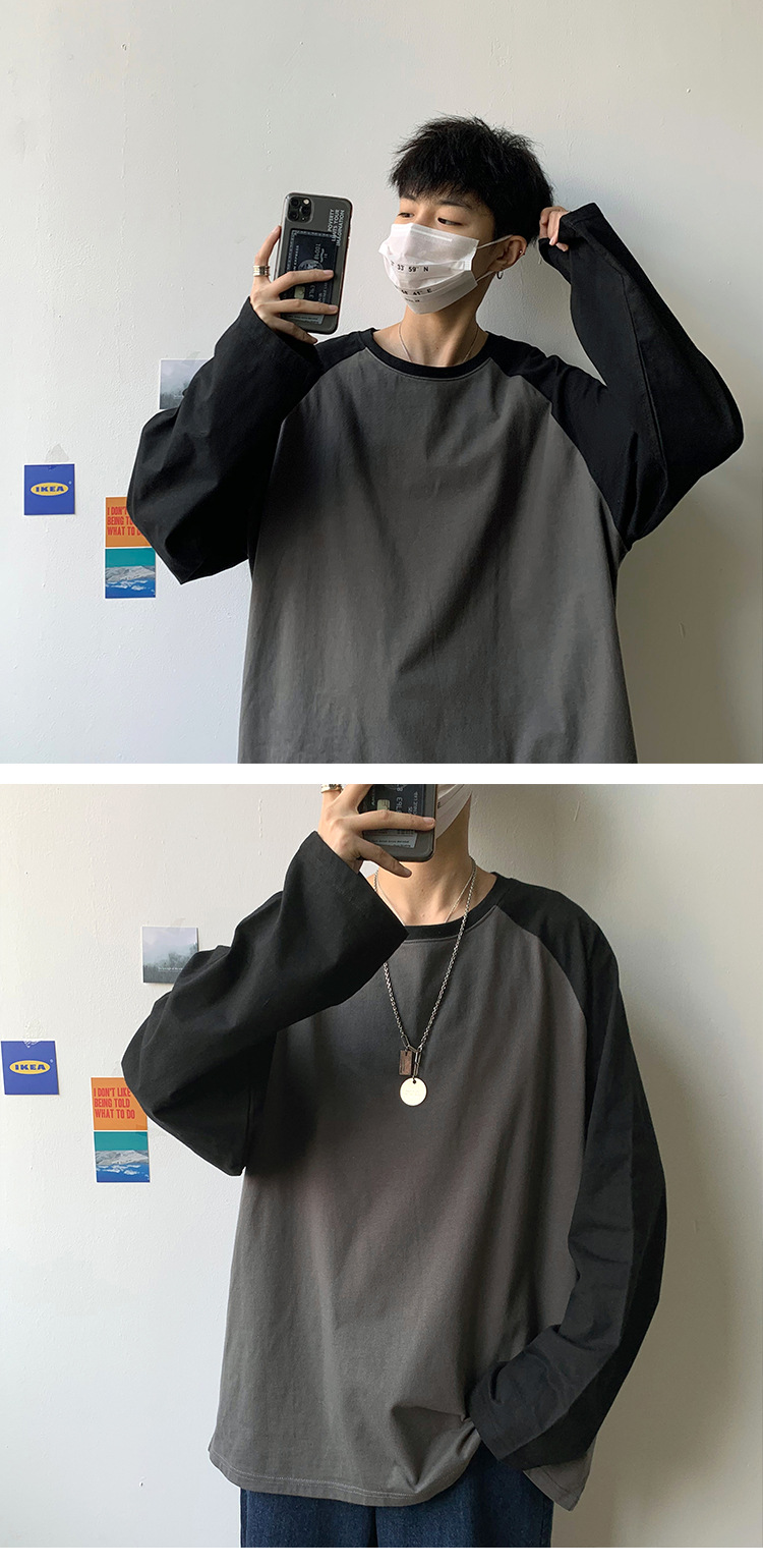 Oversized T-shirt Round Collar Contrast Color Long Sleeve Tops Women Spring Patchwork Kawaii T Shirts Unisex Streetwear